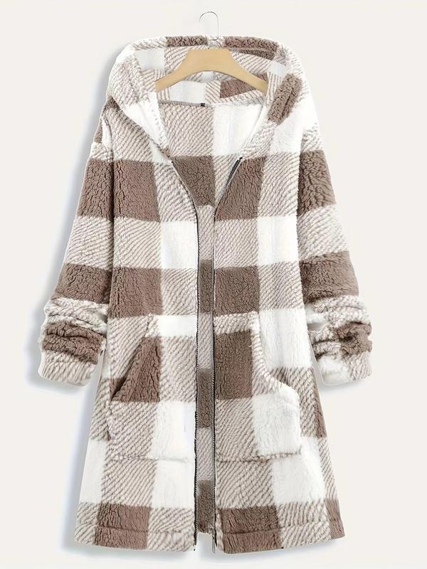 Women's Plaid Print Pocket Zip Up Fuzzy Hooded Jacket, Casual Long Sleeve Outerwear for Fall & Winter, Women's Clothes for Daily Wear